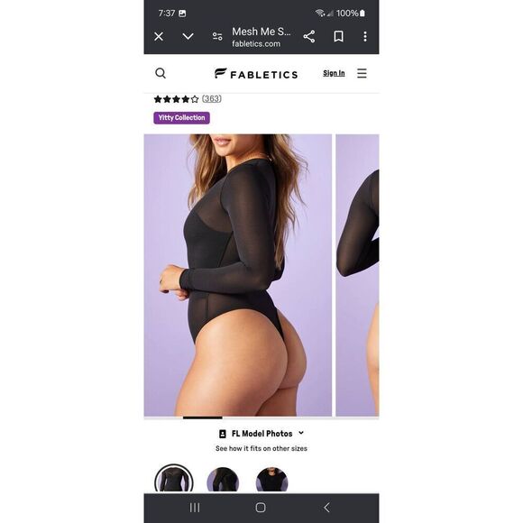 New Small Fabletics Yitty Iconic Black Mesh Me Smoothing Sleeved Thong Bodysuit - Picture 2 of 9